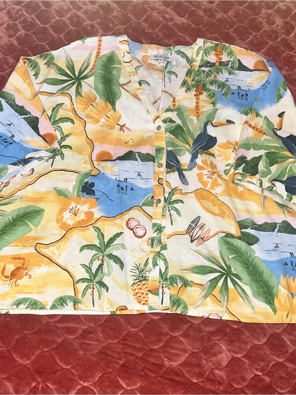 Rachel Zoe Tropical Print Button-Up Shirt - Yellow & Blue